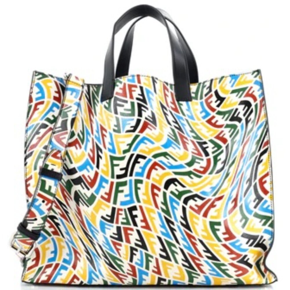 Fendi Multi Color Wave Design Monogram Calf Leather Shopper Tote
